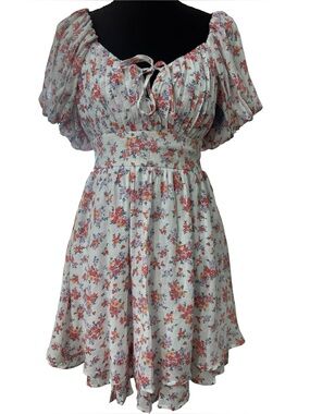 Floral Mini Dress Smocked Puff Sleeve Coquette Romantic Cottagecore Sz M